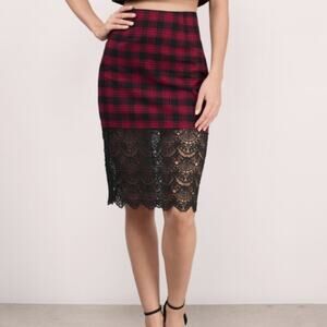 NWT Tobi Dark Academia Red & Black Plaid Midi Crochet Lace Hem Sheath Skirt